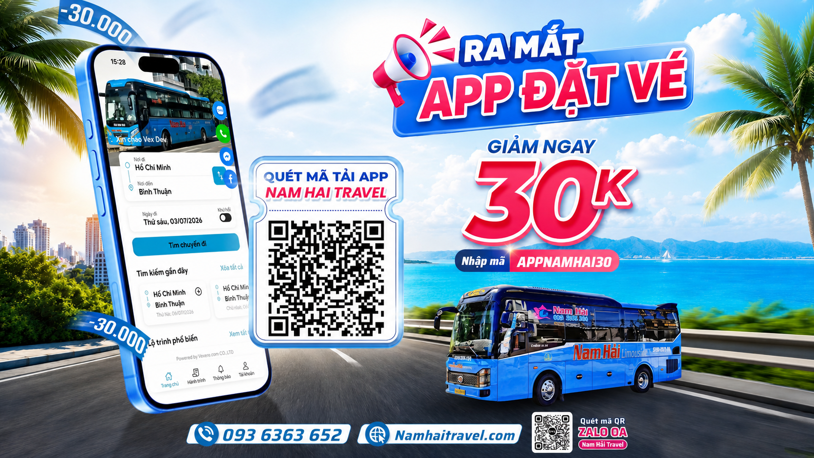 Promotional travel ad showing a blue Nam Hai Travel bus, a large QR code, and a smartphone with a booking app on a coastal road backdrop with 30k discount text.