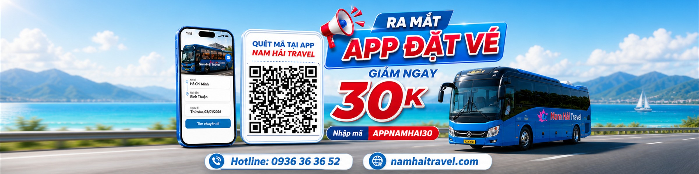 Blue Nam Hai Travel bus on a coastal highway with a QR code and 'App Đặt Vé' promo banner across the scene (30k discount).