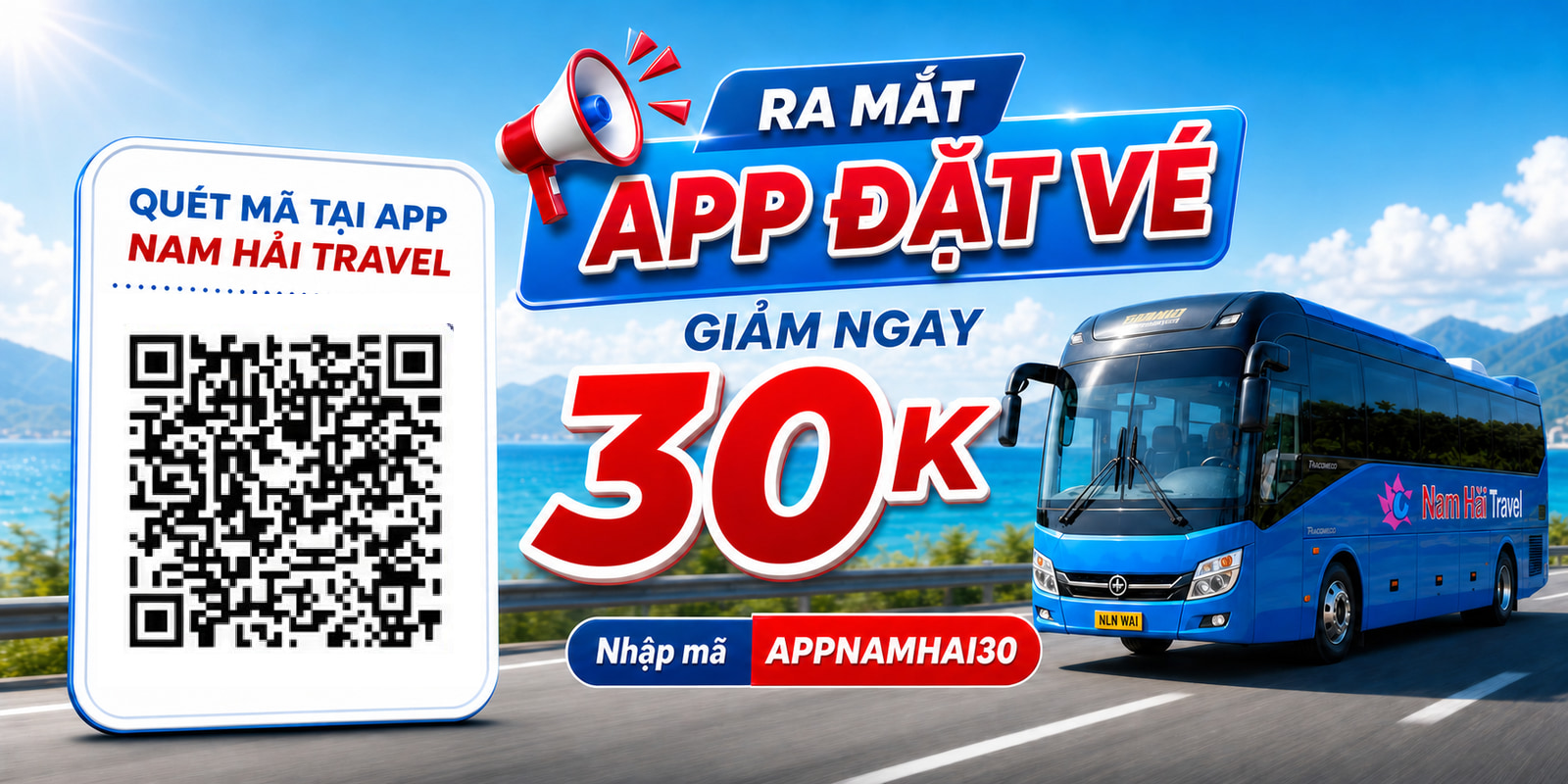 Ưu đãi 30K khi đặt vé trên app Nam Hải Travel, quét mã QR và nhập mã APPNAMHAI30